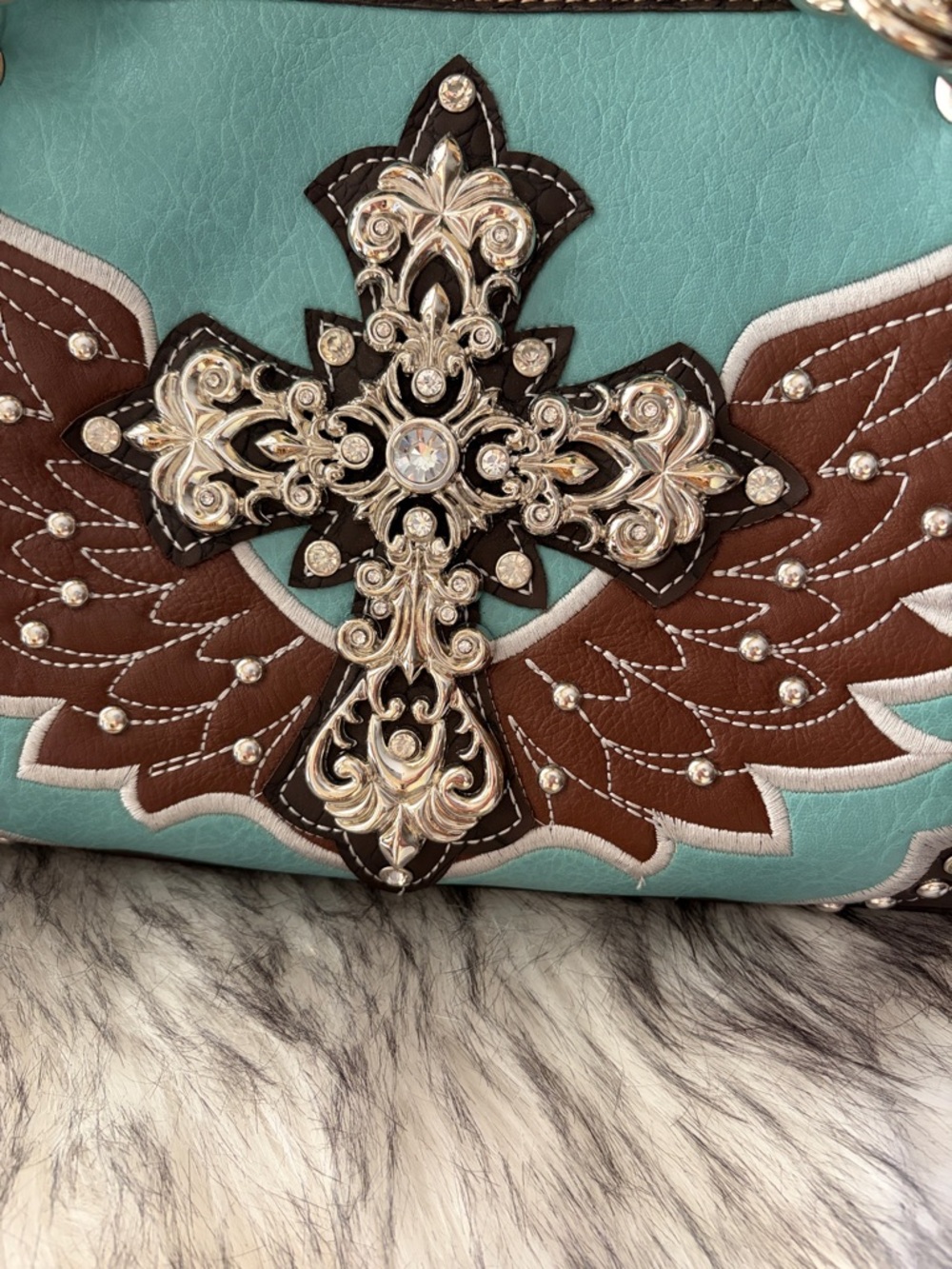 Heritage West Turquoise and Brown Embellished Winged Cross Tote - Picture 3 of 14